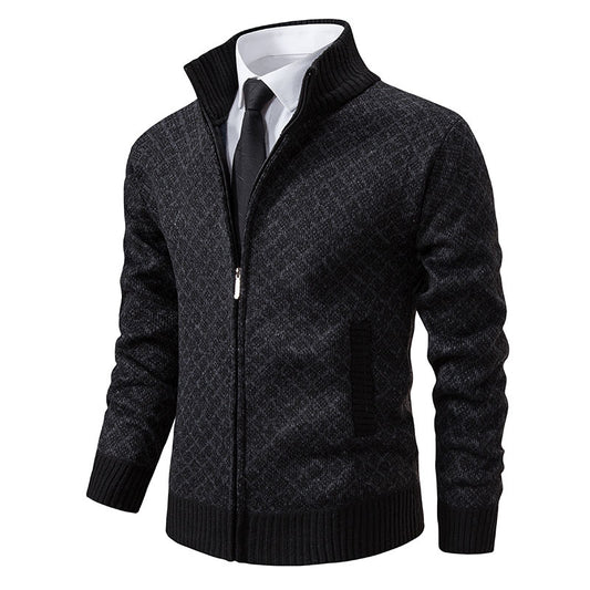 Thickened Plaid Print Jacket Cardigan Fashion Slim Fit Zipper Stand Collar Sweater Winter Men's Casual Long Sleeve Knitted Top Clothing
