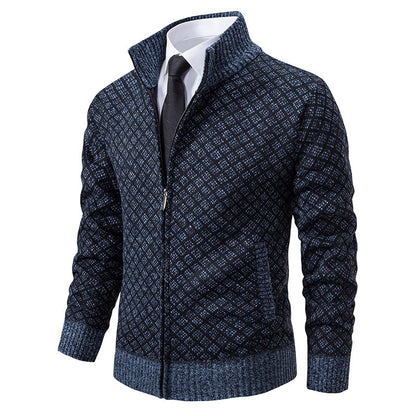 Thickened Plaid Print Jacket Cardigan Fashion Slim Fit Zipper Stand Collar Sweater Winter Men's Casual Long Sleeve Knitted Top Clothing