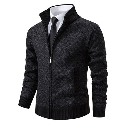 Thickened Plaid Print Jacket Cardigan Fashion Slim Fit Zipper Stand Collar Sweater Winter Men's Casual Long Sleeve Knitted Top Clothing